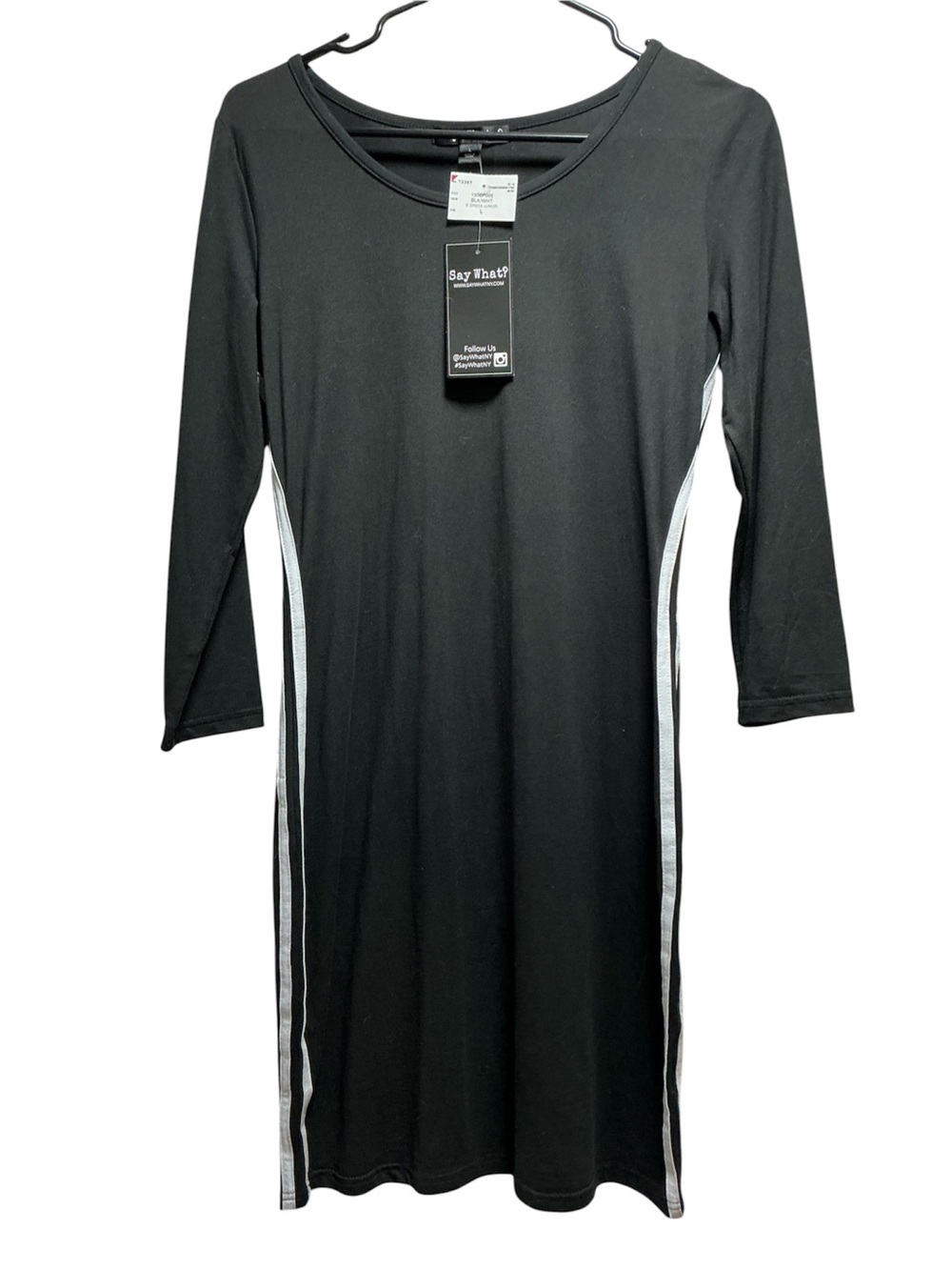 Say What Women's Juniors Black Knit Bodycon Dress, Side White Stripes Sz L
